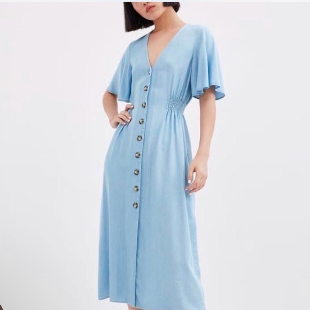 NWOT Zara Chambray Button Front Midi Dress Size XS